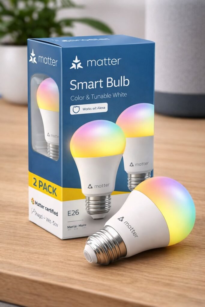 Matter smart devices that work with Alexa shown as Matter smart bulbs in retail packaging with color and tunable white lighting