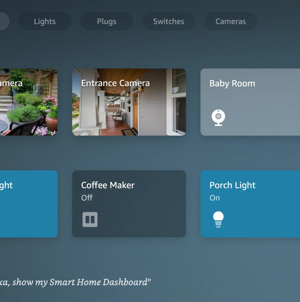 Alexa smart home control screen showing cameras, lights, and devices