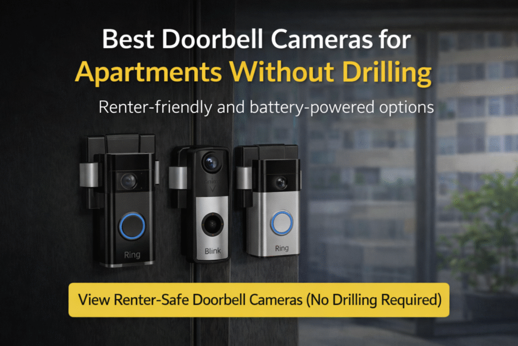Best doorbell cameras for apartments without drilling mounted on a rental apartment door, featuring battery-powered, renter-friendly smart doorbell options.