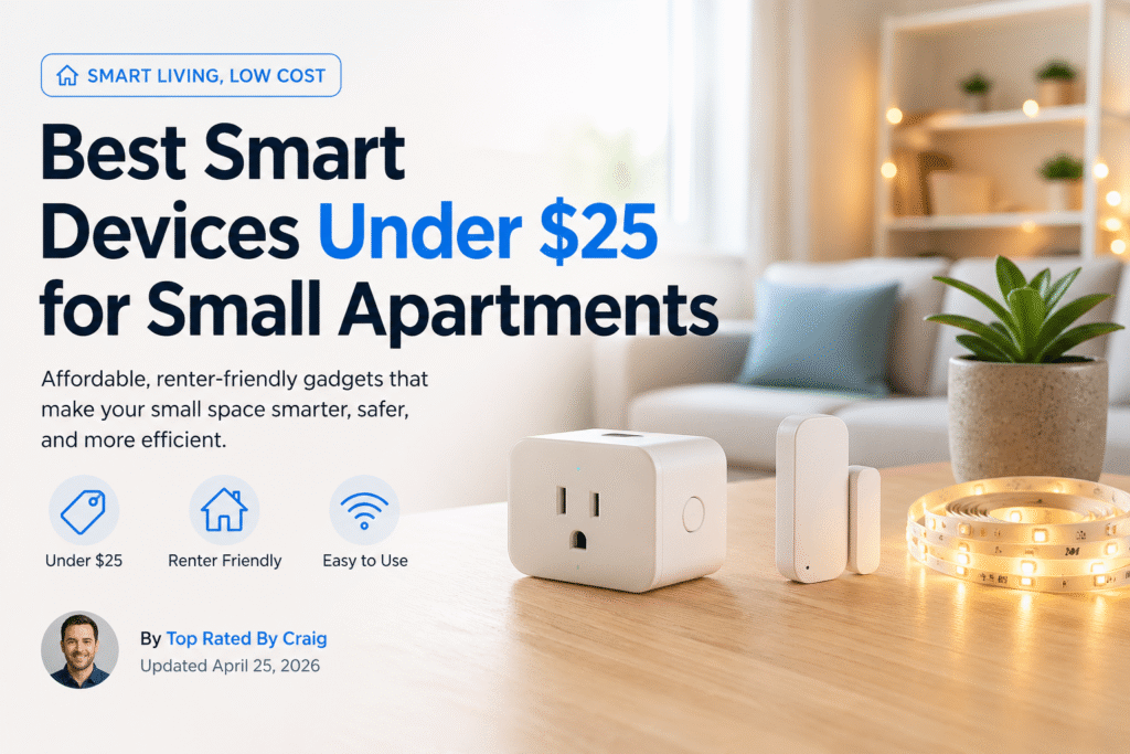 best smart devices under $25 for small apartments including smart plug, LED strip lights, and contact sensor in a modern renter-friendly setup