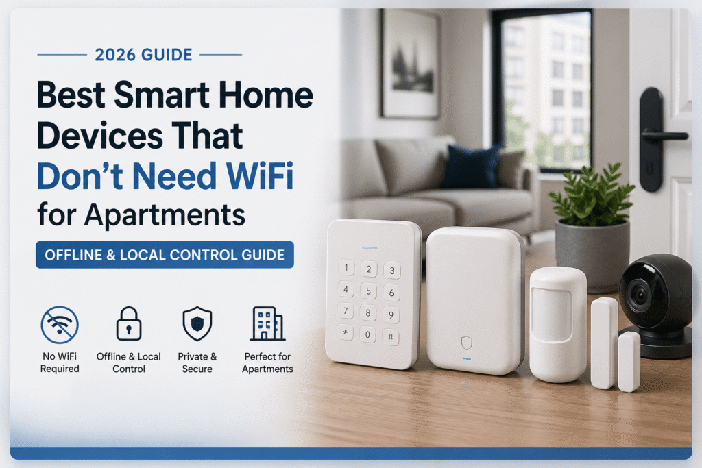 Smart home devices without WiFi for apartments showing offline security system, sensors, and local control setup in a modern apartment