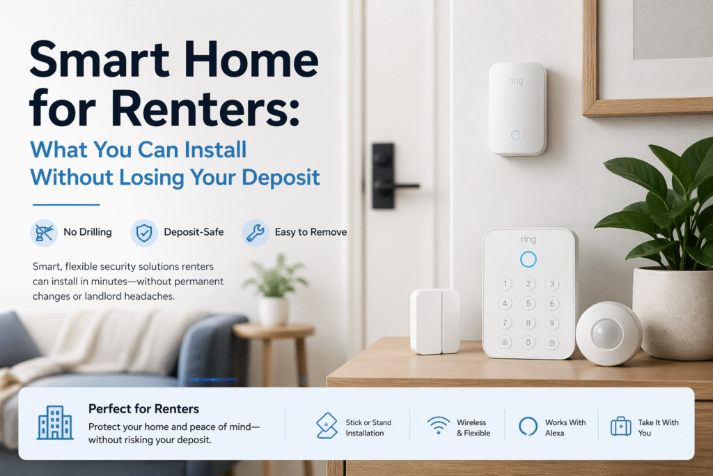 Smart home for renters setup with no-drill security devices including sensors and keypad in a modern apartment
