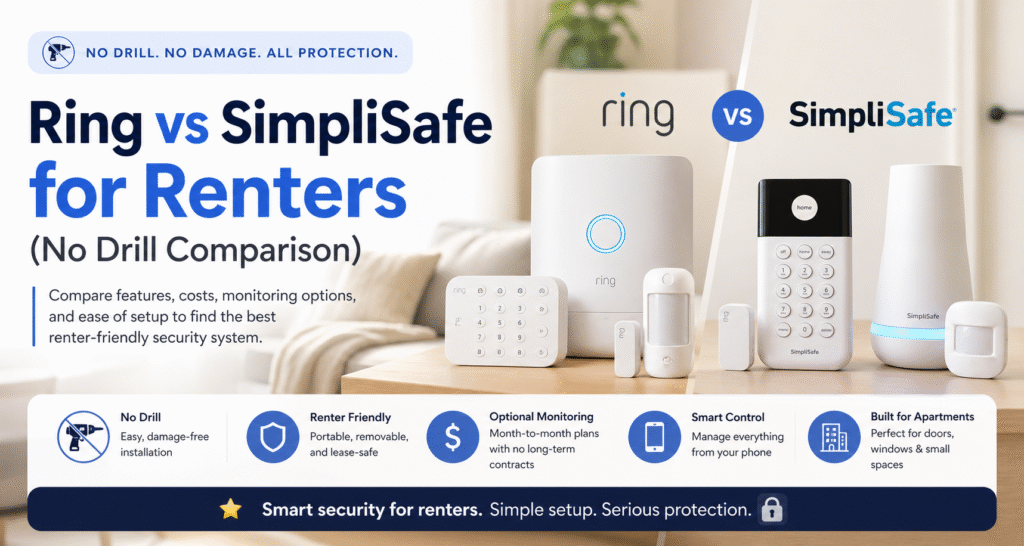 Ring vs SimpliSafe for renters no drill comparison showing apartment-friendly security systems with sensors, keypad, and base station setup