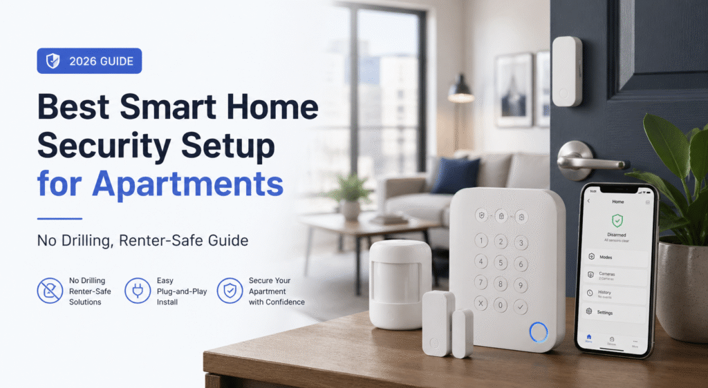 Smart home security for apartments setup with renter-safe devices, no-drill sensors, and mobile control dashboard in a modern apartment