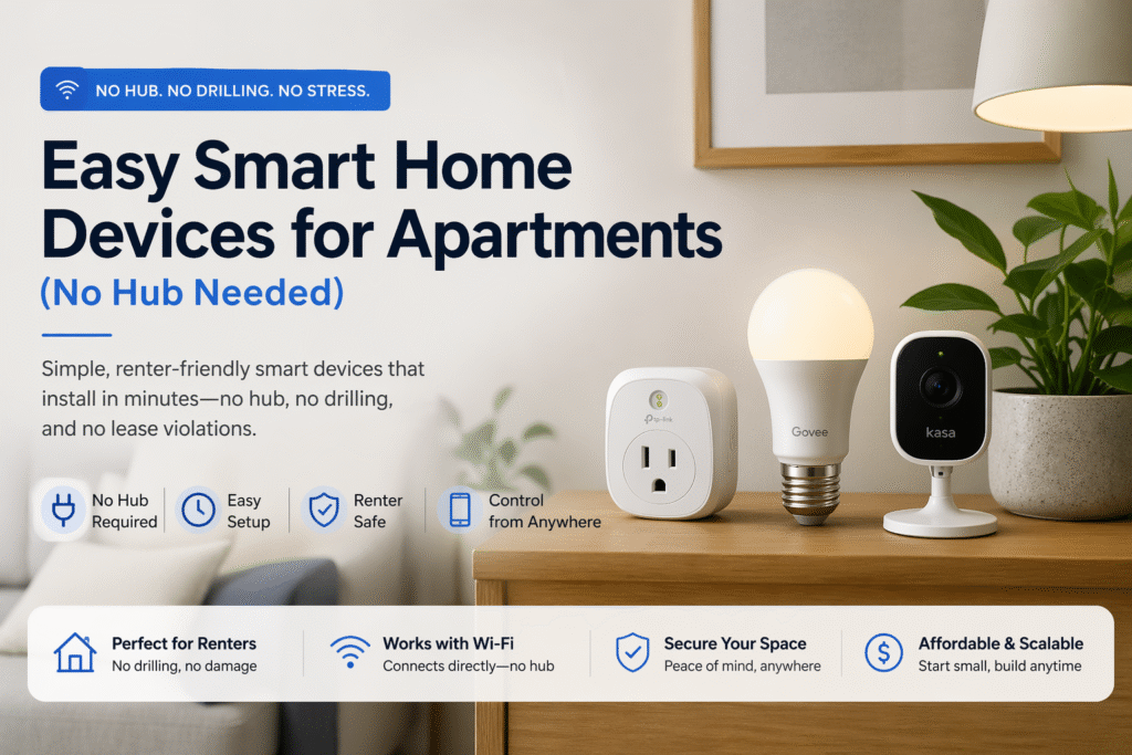 Easy smart home devices for apartments with no hub including smart plug, Wi-Fi bulb, and indoor security camera setup