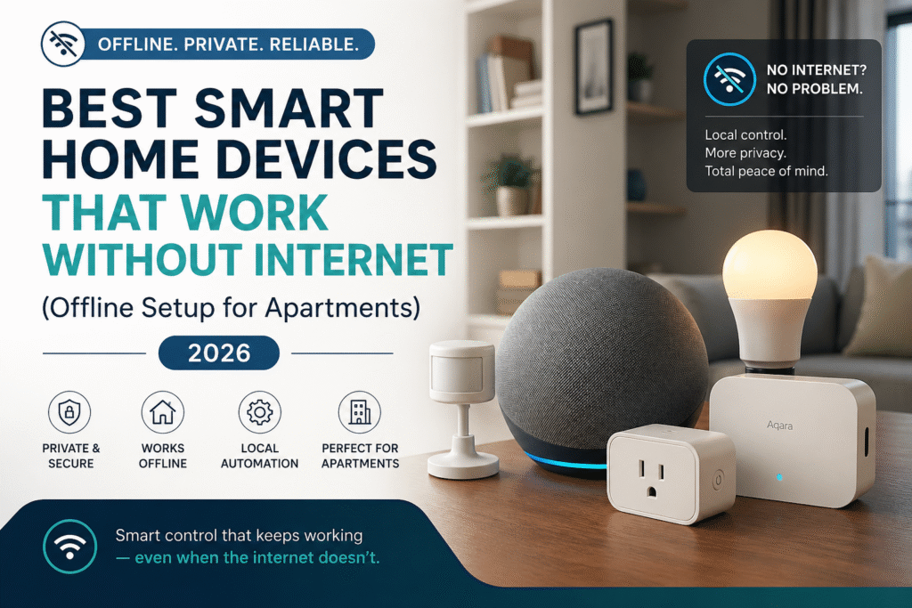 smart home devices that work without internet in a modern apartment setup with hub, lights, and plugs